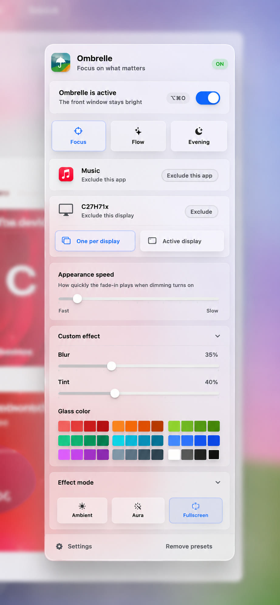 Ombrelle menu bar settings panel with focus modes, exclusions, appearance controls, effect color, and display options.